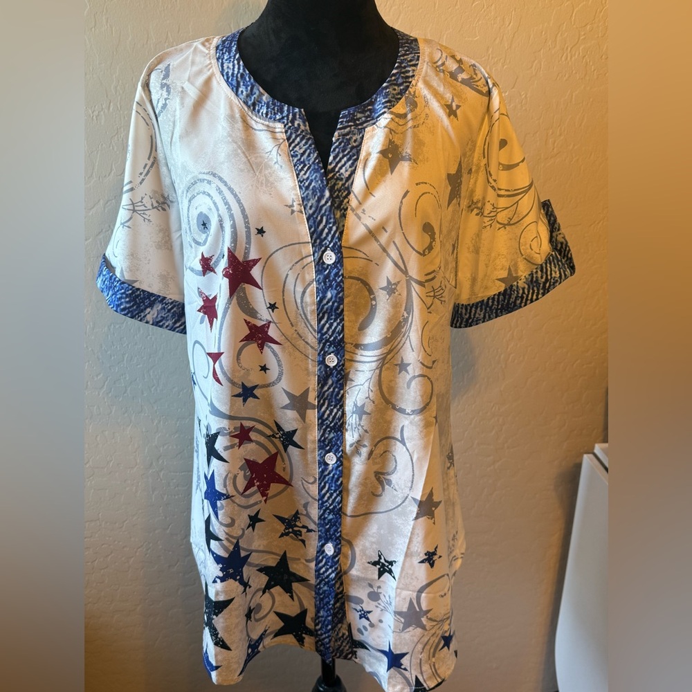 Source Unknown Starry Night Blouse - Cream and Blue